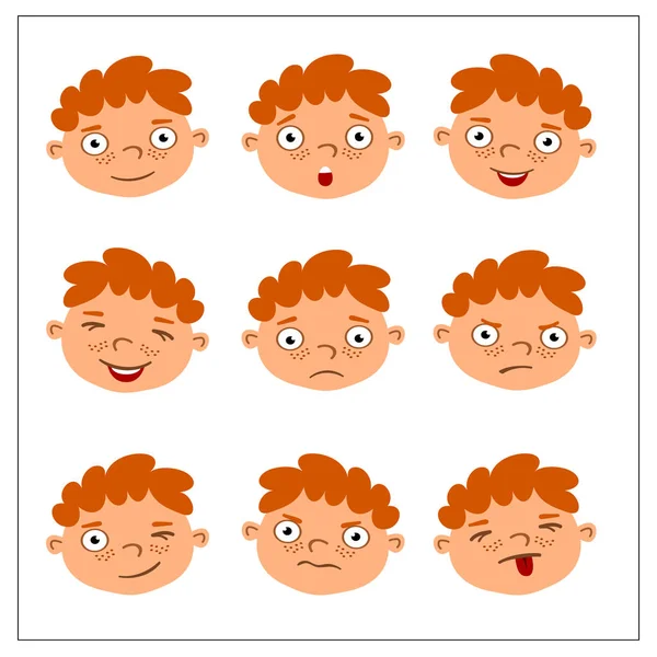 Conjunto Encantadores Personajes Dibujos Animados Caras Chico Pelirrojo Con Diferentes — Vector de stock