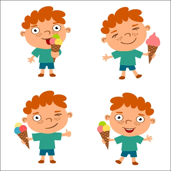 Set Von Kleinen Lustigen Jungen Cartoon Stil Eis Essen Isoliert — Stockvektor