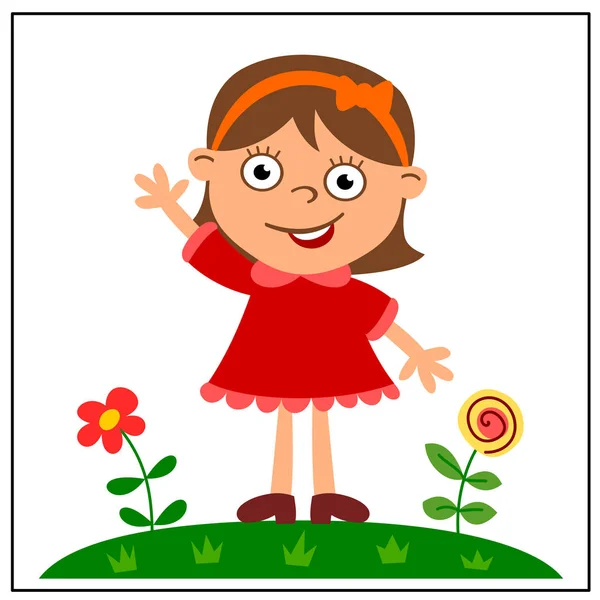 Lindo Personaje Dibujos Animados Niña Vestido Rojo Prado Flores — Archivo Imágenes Vectoriales