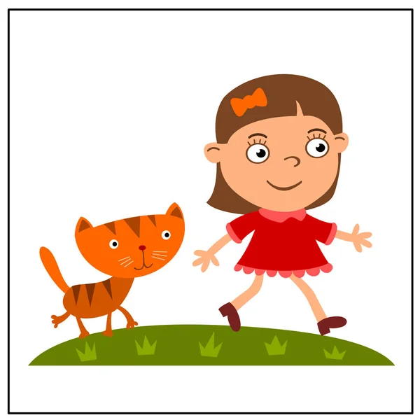 Cute Cartoon Character Girl Red Dress Cat Walking Meadow — Stock Vector
