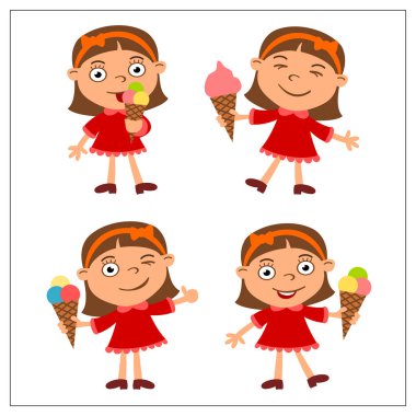 Komik kız çizgi film tarzı beyaz arka plan üzerinde izole dondurma yemek seti