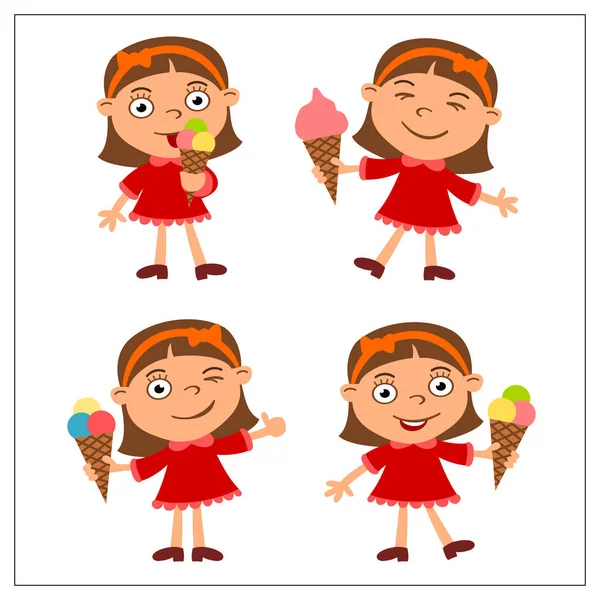 Komik kız çizgi film tarzı beyaz arka plan üzerinde izole dondurma yemek seti