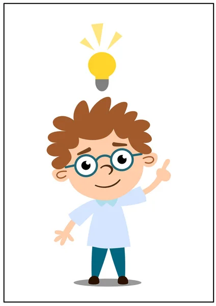 灯泡点燃了迷人的卡通人物聪明的男孩在眼镜显示想法标志 — 图库矢量图片