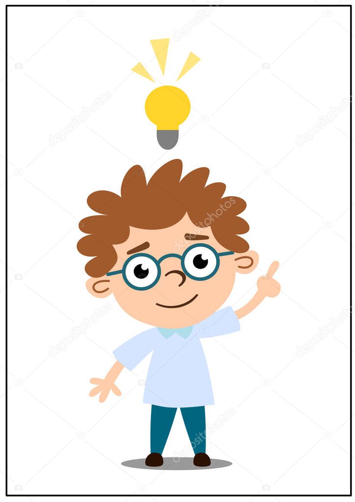 light bulb lit up over charming cartoon character of smart boy in glasses showing idea sign 
