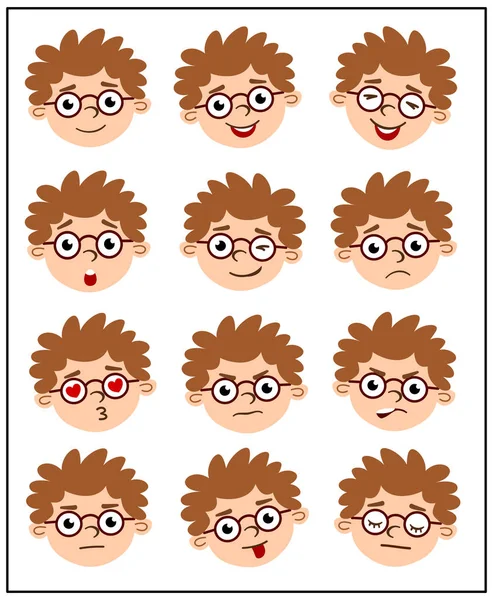 Set Charming Cartoon Characters Boy Faces Glasses Different Emotions Isolated — Stock Vector