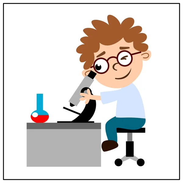 Personagem Desenho Animado Encantador Menino Inteligente Óculos Com Microscópio —  Vetores de Stock