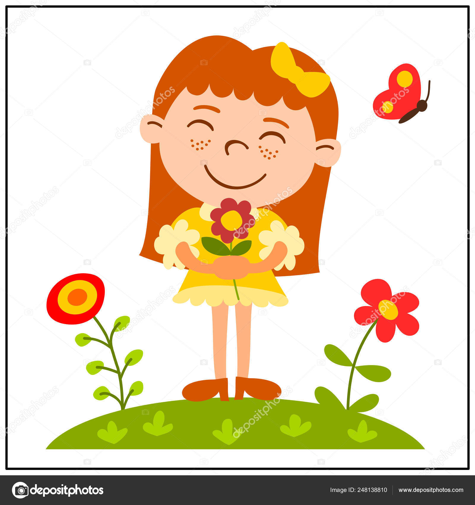 Cute Cartoon Girl on the meadow with flowers