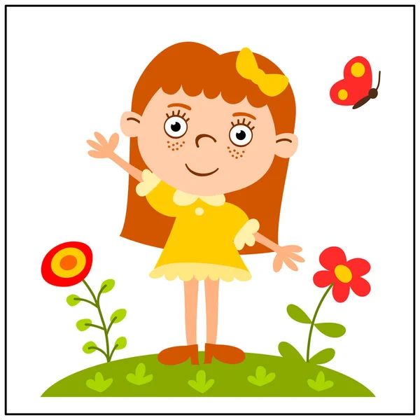 Cute Cartoon Character Girl Yellow Dress Flower Meadow — Stock Vector