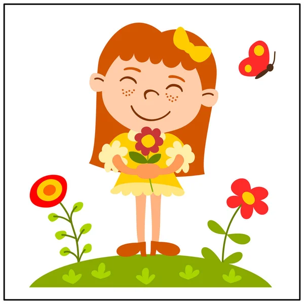 Cute Cartoon Character Girl Yellow Dress Flower Standing Meadow — Stock Vector