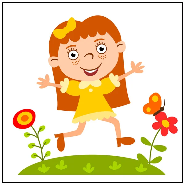Cute Cartoon Character Girl Yellow Dress Running Flower Meadow — Stock Vector