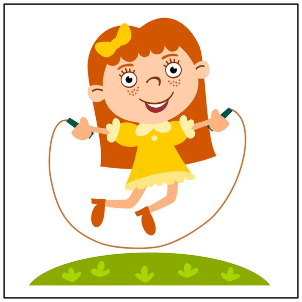 Cute Cartoon Character Girl Jumping Rope Glade — Stock Vector