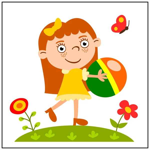 Greeting Card Cute Funny Cartoon Character Girl Holding Flower Meadow — Stock Vector