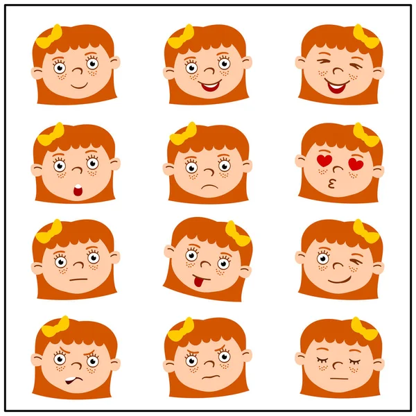 Set Charming Cartoon Characters Redhead Girl Faces Different Emotions Isolated — Stock Vector