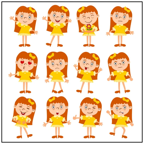 Набор Маленьких Забавных Девочек Желтых Платьях Различных Позах Эмоции Изолированы — стоковый вектор