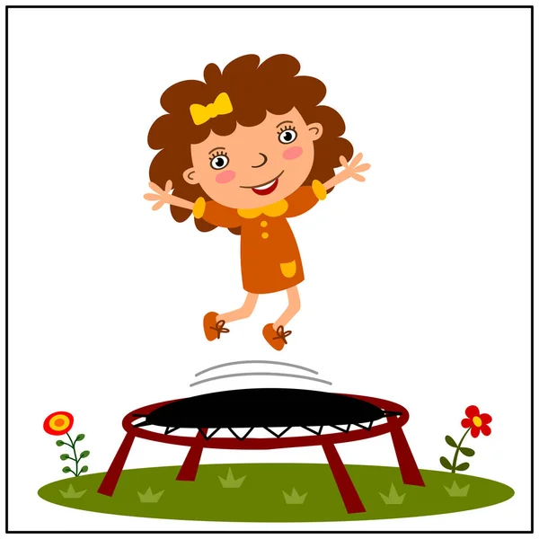 Cute Cartoon Character Girl Jumping Trampoline Flower Glade — Stock Vector
