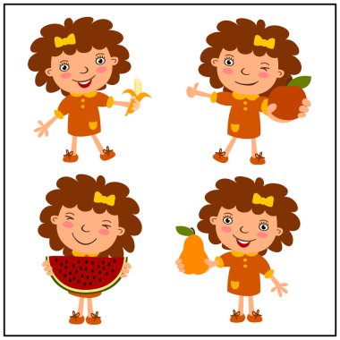 Beyaz arka plan üzerinde izole meyve yeme karikatür tarzı küçük komik kızlar dizi