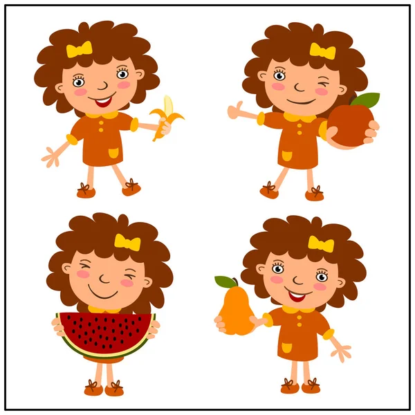 Set Little Funny Girls Cartoon Style Eating Fruits Isolated White — Stock Vector