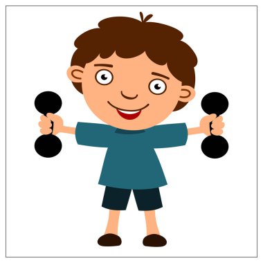 Beyaz arka plan üzerinde izole dumbbells ile karikatür tarzı komik çocuk