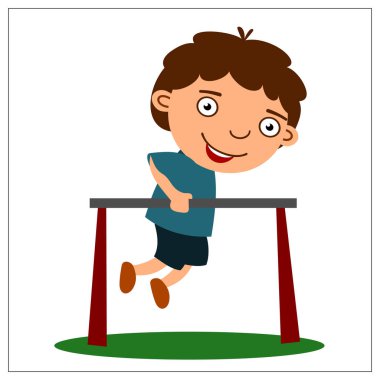 Beyaz arka plan üzerinde izole çubuklarında şınav karikatür tarzı komik çocuk