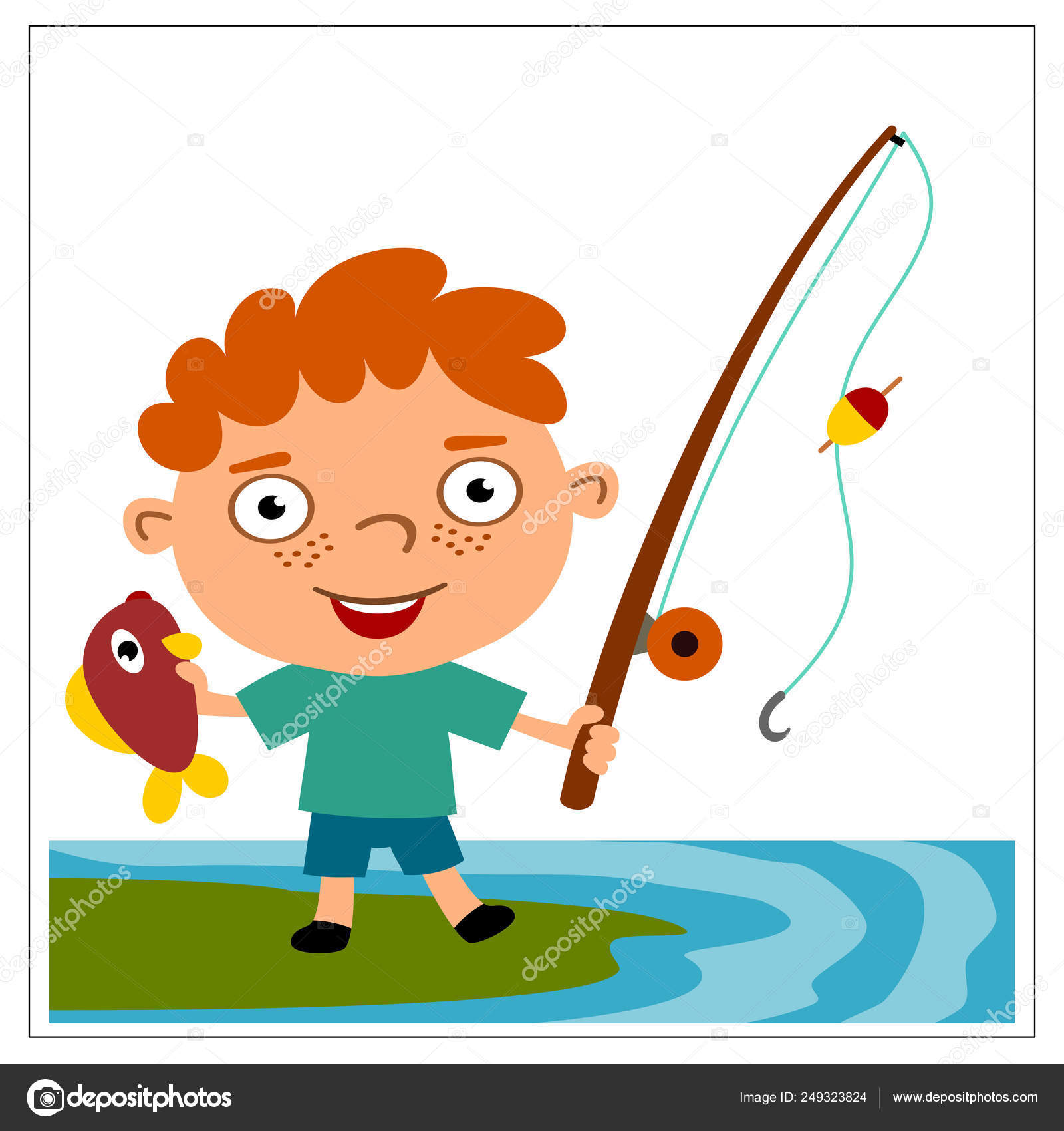 Cute Cartoon Character Boy Fisherman Holding Fishing Rod Fish Shore Stock  Vector by ©dmitriy_d 249323824