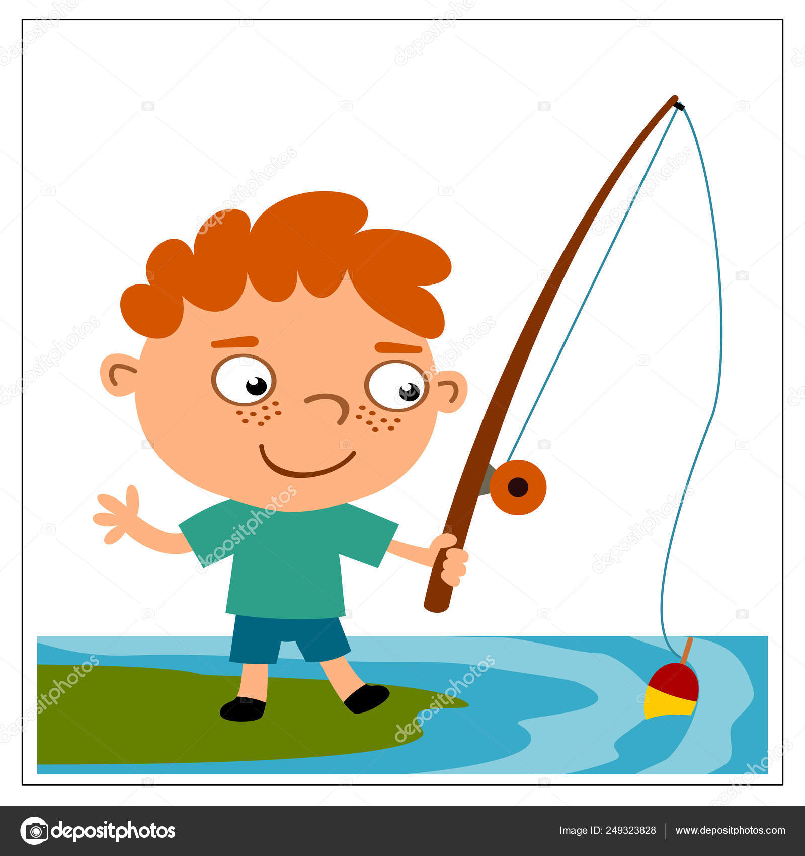 Cute Cartoon Character Boy Fisherman Holding Fishing Rod Shore Water Stock  Vector by ©dmitriy_d 249323828