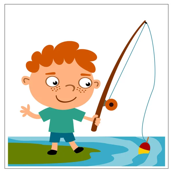 Personagem Desenho Animado Bonito Menino Pescador Segurando Haste Pesca Costa —  Vetores de Stock