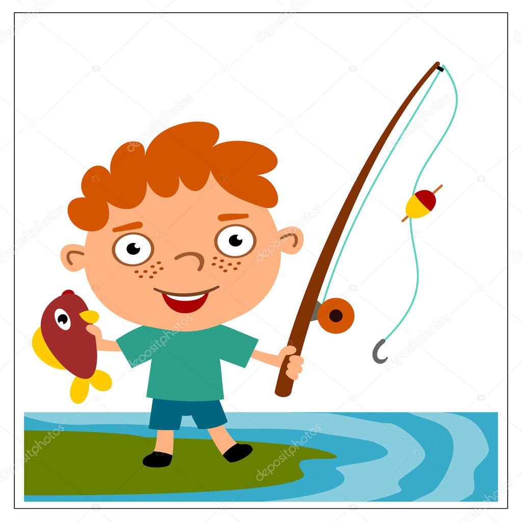 cute cartoon character of boy fisherman holding fishing rod and fish on shore of river 