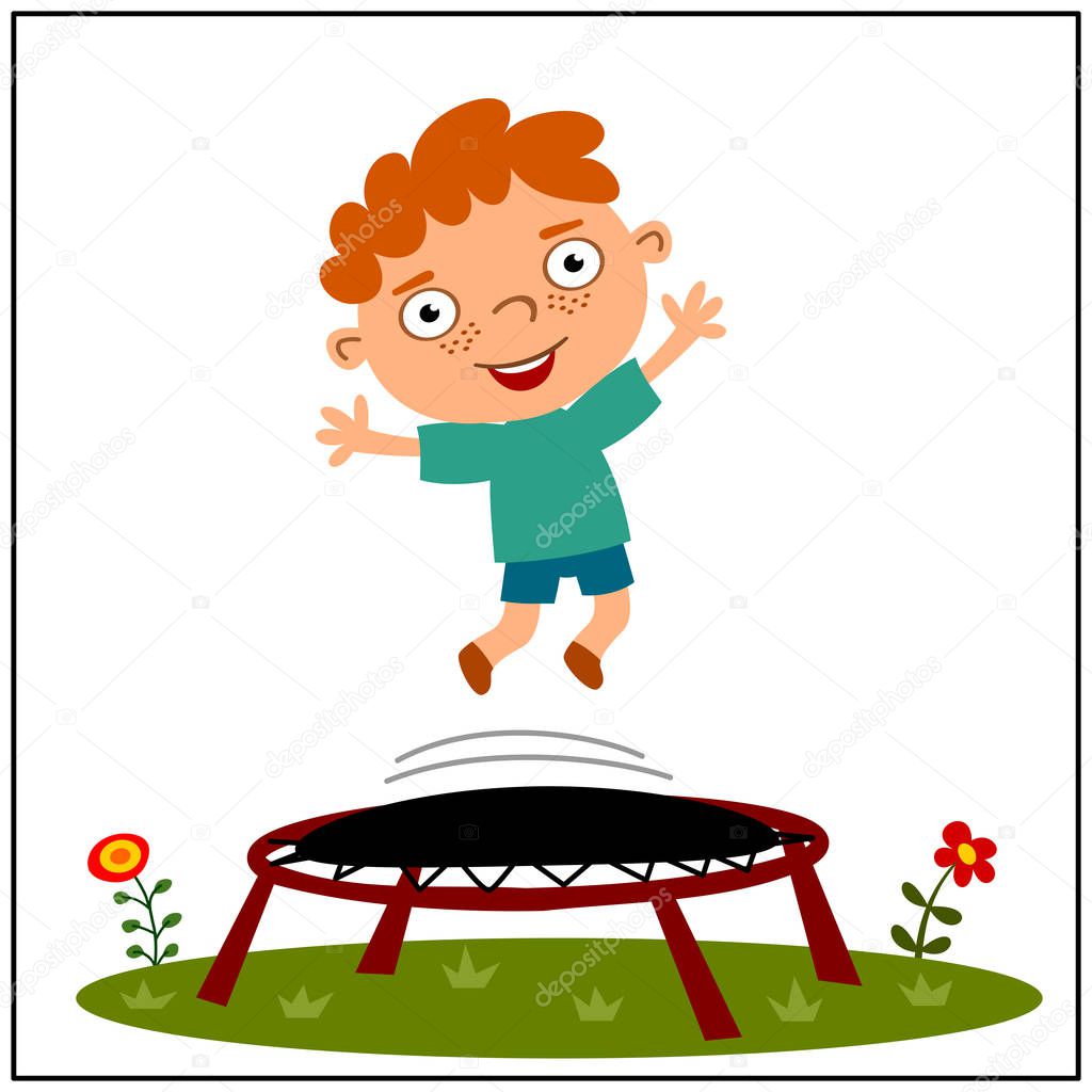 cute cartoon character of boy jumping on trampoline at flower glade 