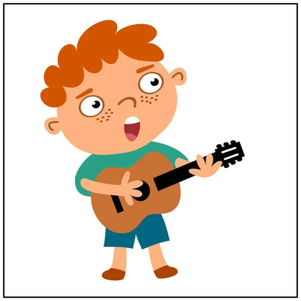 Chico Divertido Estilo Dibujos Animados Tocando Guitarra Aislado Sobre Fondo — Vector de stock