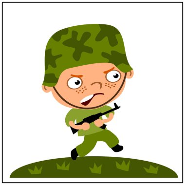 Kızgın çocuk asker üniforması elinde silahla oynarken, karikatür karakter 