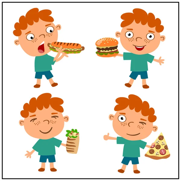 Set Von Kleinen Lustigen Jungen Cartoon Stil Essen Fast Food — Stockvektor