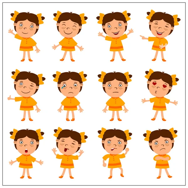 Conjunto Niñas Graciosas Con Vestidos Naranjas Diferentes Poses Emociones Aisladas — Archivo Imágenes Vectoriales