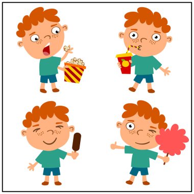 Beyaz arka plan üzerinde izole tatlılar yemek karikatür tarzı küçük komik çocuğu kümesi