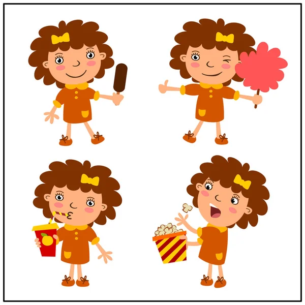 Komik kız çizgi film tarzı beyaz arka plan üzerinde izole tatlılar yemek seti