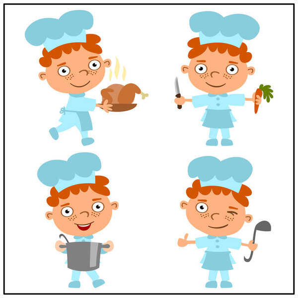 Set of little funny cook boys in cartoon style with turkey and pan with cutting knife and ladle isolated on white background