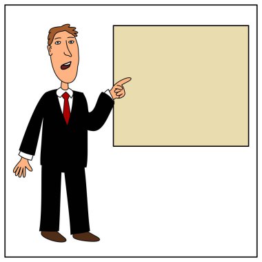 karikatür tarzı siyah giyen işadamı uygun işaret eden bir ele beyaz arka plan üzerinde izole panosu