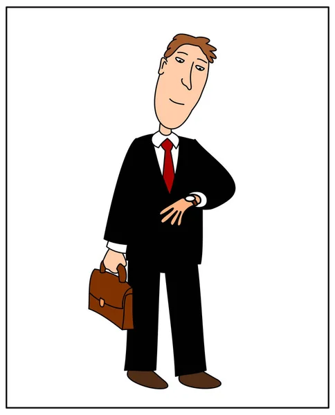 Geschäftsmann Cartoon Stil Trägt Schwarzen Anzug Und Schaut Auf Uhr — Stockvektor