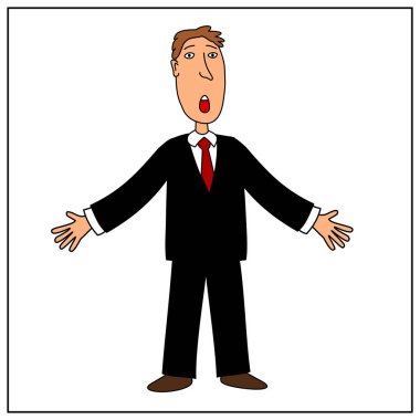 işadamı karikatür tarzı giymiş olarak siyah takım elbise kolları ile şaşkın ayakta izole üzerinde beyaz arka plan uzanmış