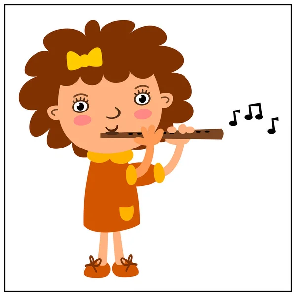 Chica Divertida Estilo Dibujos Animados Jugando Flauta Aislada Sobre Fondo — Vector de stock