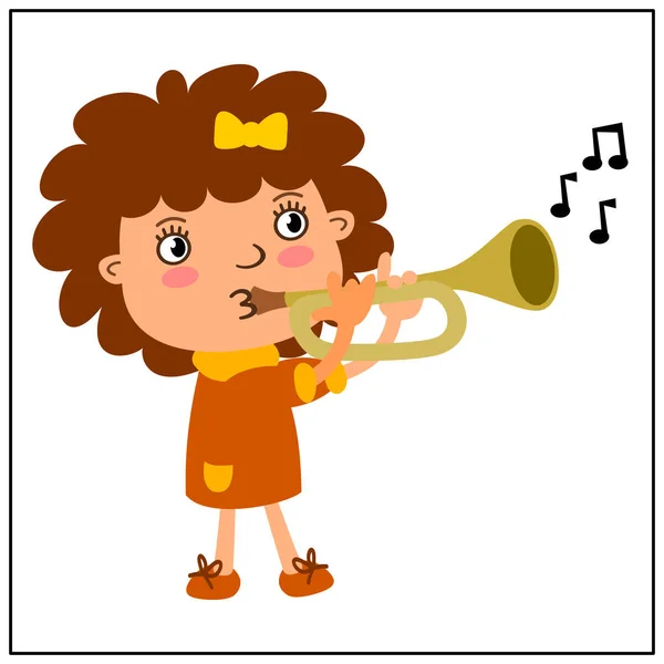 Chica Divertida Estilo Dibujos Animados Tocando Trompeta Aislado Sobre Fondo — Vector de stock