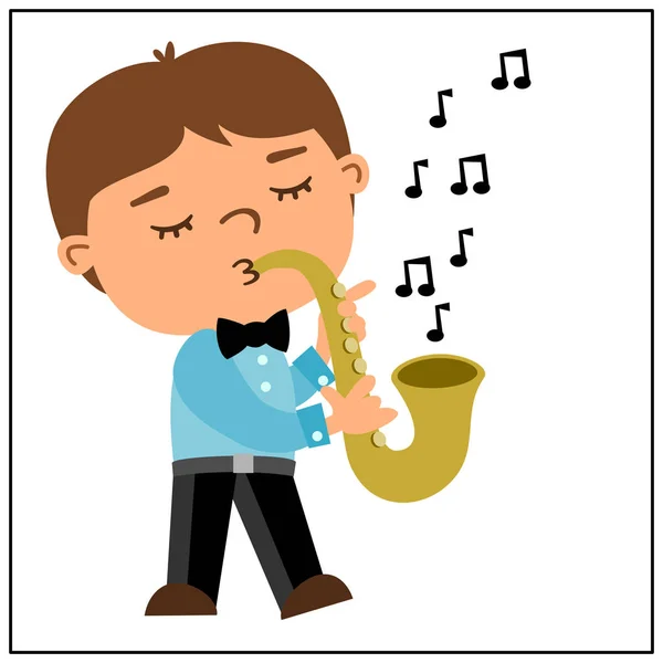 Chico Divertido Estilo Dibujos Animados Jugando Saxofón Aislado Sobre Fondo — Vector de stock
