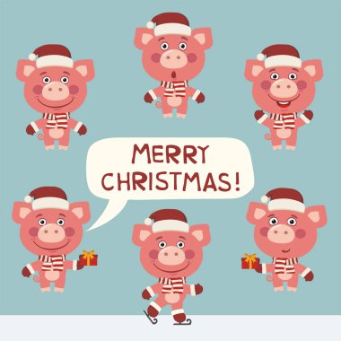 Noel Baba şapkaları ile farklı duygular içinde şirin domuz neşeli Noel tebrik kartı ile ayarla 