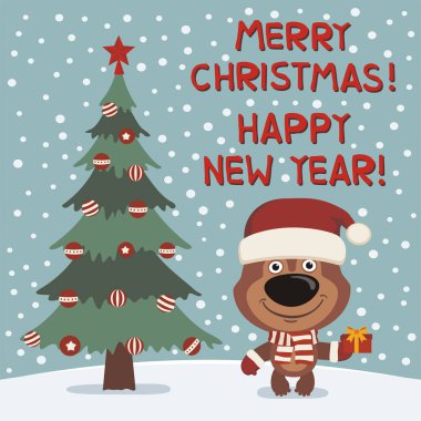  Unutmayın ki kırmızı Santa şapka hediye tree yakınındaki ile sevimli çizgi film karakteri olan neşeli Noel ve mutlu yeni yıl tebrik kartı