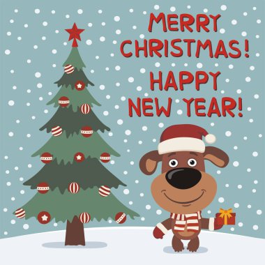  Köpek yavrusu kırmızı Santa şapka hediye tree yakınındaki ile sevimli çizgi film karakteri ile neşeli Noel ve mutlu yeni yıl tebrik kartı