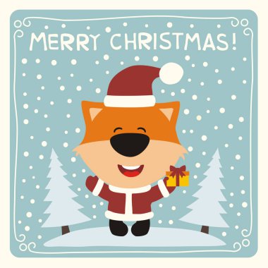 Sevimli çizgi karakter kırmızı Santa kostüm karlı çayır hediye ile Fox ile neşeli Noel tebrik kartı 