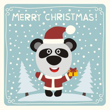 Sevimli çizgi film karakteri Panda hediye karlı çayır üzerinde kırmızı Santa kostüm ile neşeli Noel tebrik kartı 