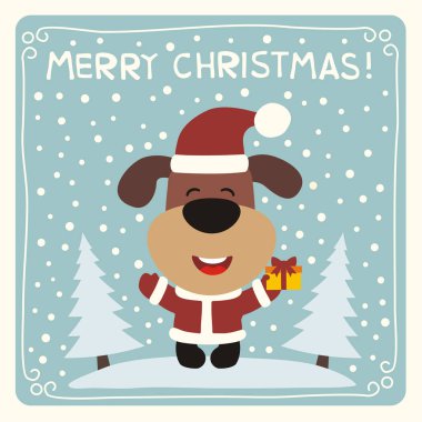 Köpek yavrusu kırmızı Santa kostüm karlı çayır hediye ile sevimli çizgi film karakteri ile neşeli Noel tebrik kartı 