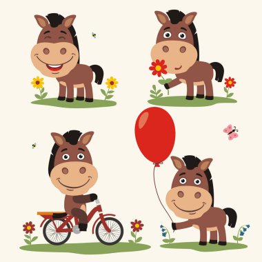 Balon ve bisiklet üzerinde çiçek ile atların sevimli çizgi karakter kümesi 