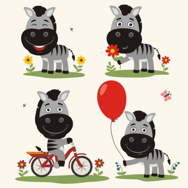 Zebras balon ve bisiklet üzerinde çiçek ile sevimli çizgi karakter kümesi 