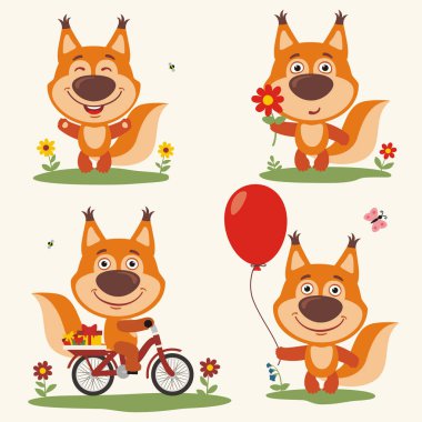 Sincap balon ve bisiklet üzerinde çiçek ile sevimli çizgi karakter kümesi 